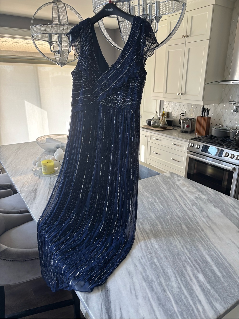 Navy Sequin V-Neck Maxi Dress - Elegant Evening Gown size large formal wedding 💒
